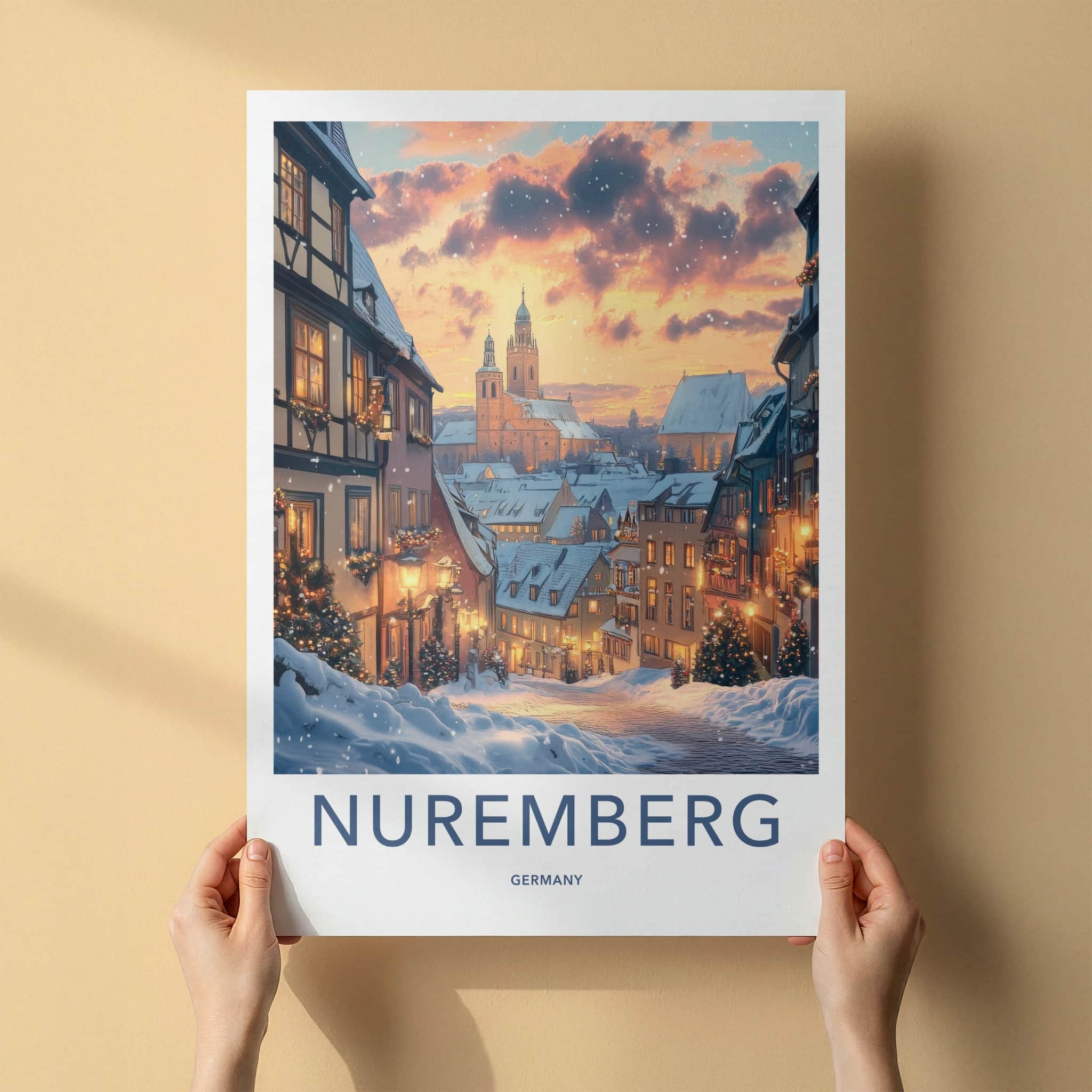 Nuremberg Poster - Germany Travel Art - Snowy Town Evening Home Decor