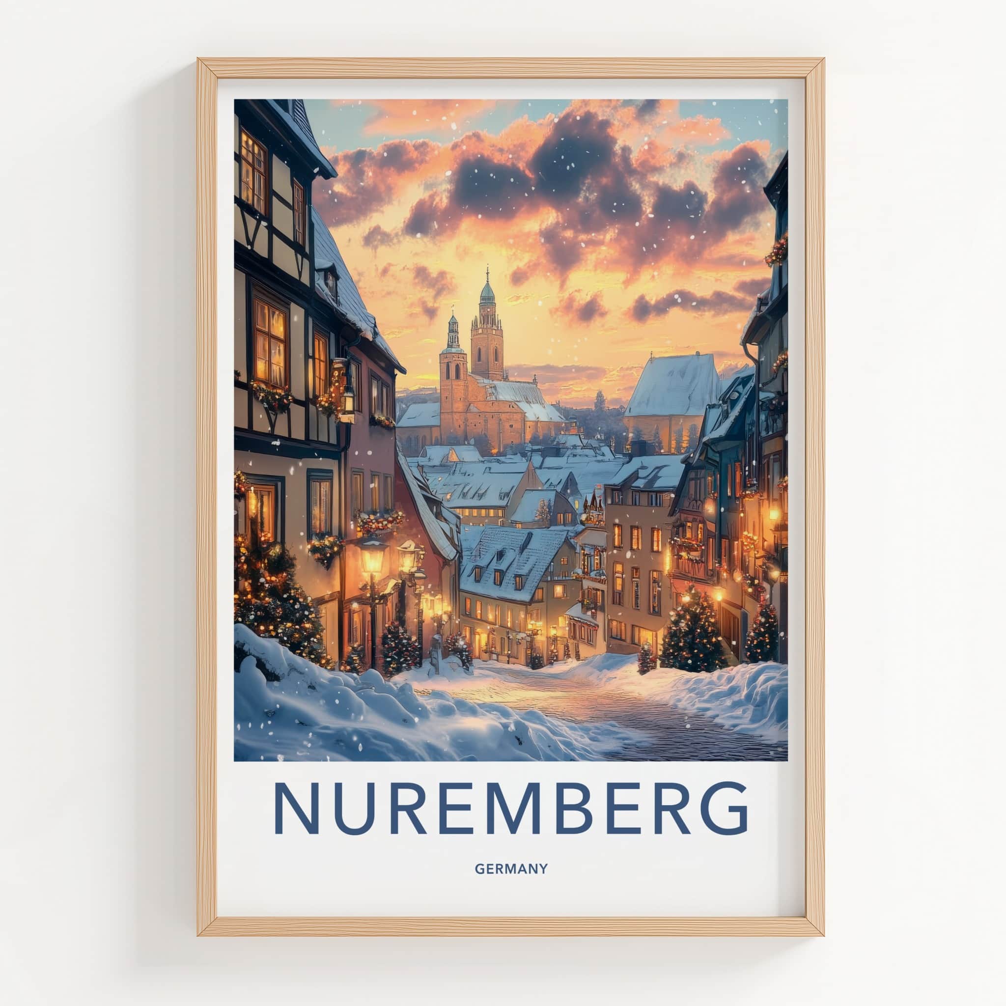 Nuremberg Poster - Germany Travel Art - Snowy Town Evening Home Decor