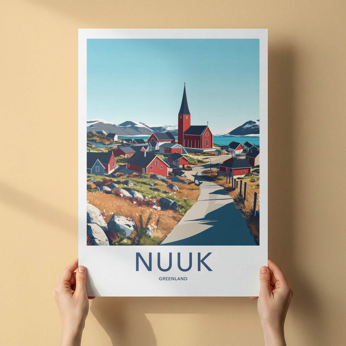 Nuuk Poster - Greenland Travel Art - Fjordside Red Village Home Decor