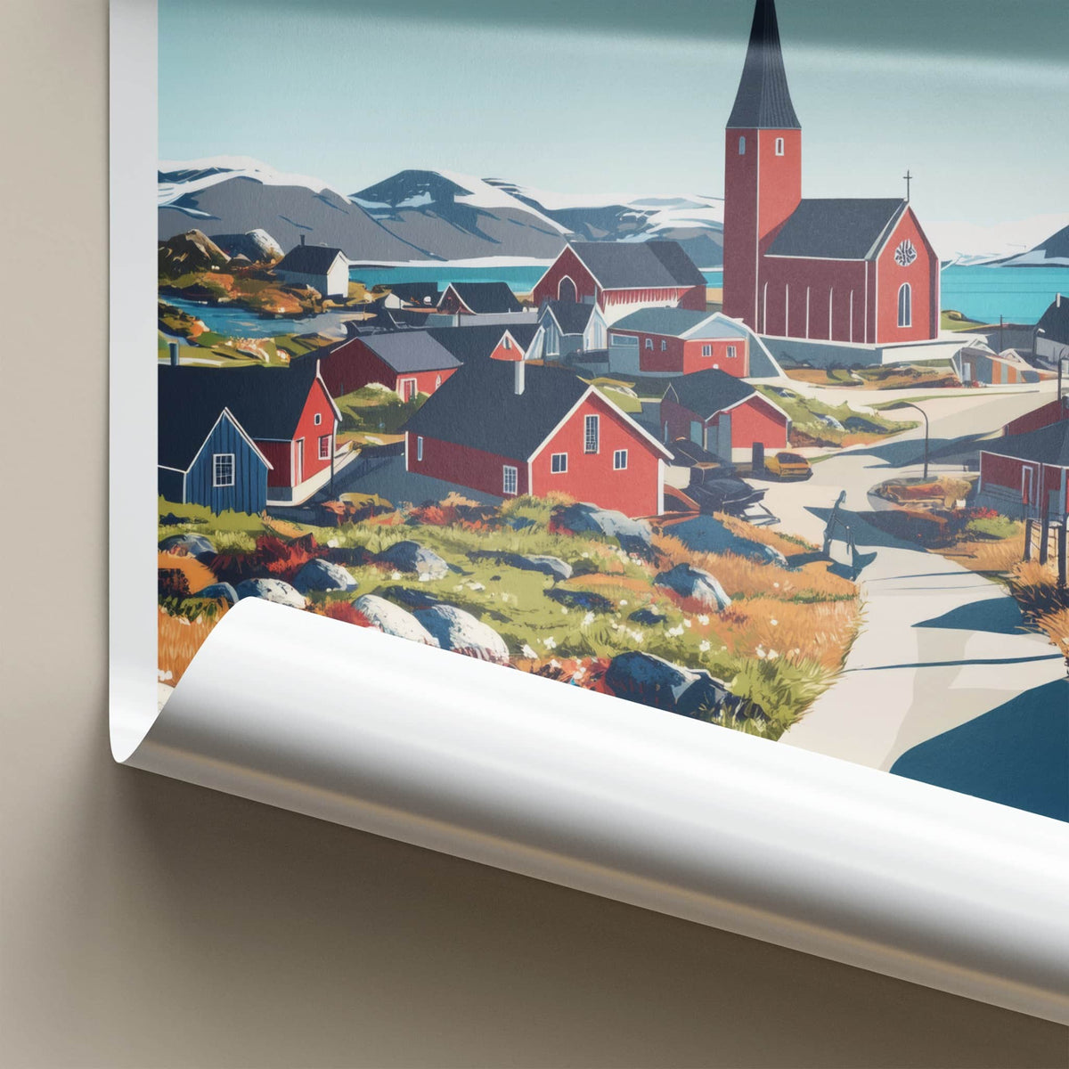 Nuuk Poster - Greenland Travel Art - Fjordside Red Village Home Decor