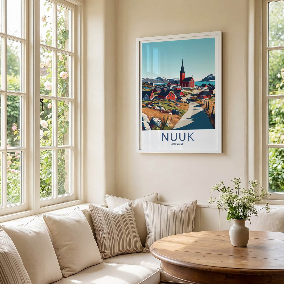 Nuuk Poster - Greenland Travel Art - Fjordside Red Village Home Decor