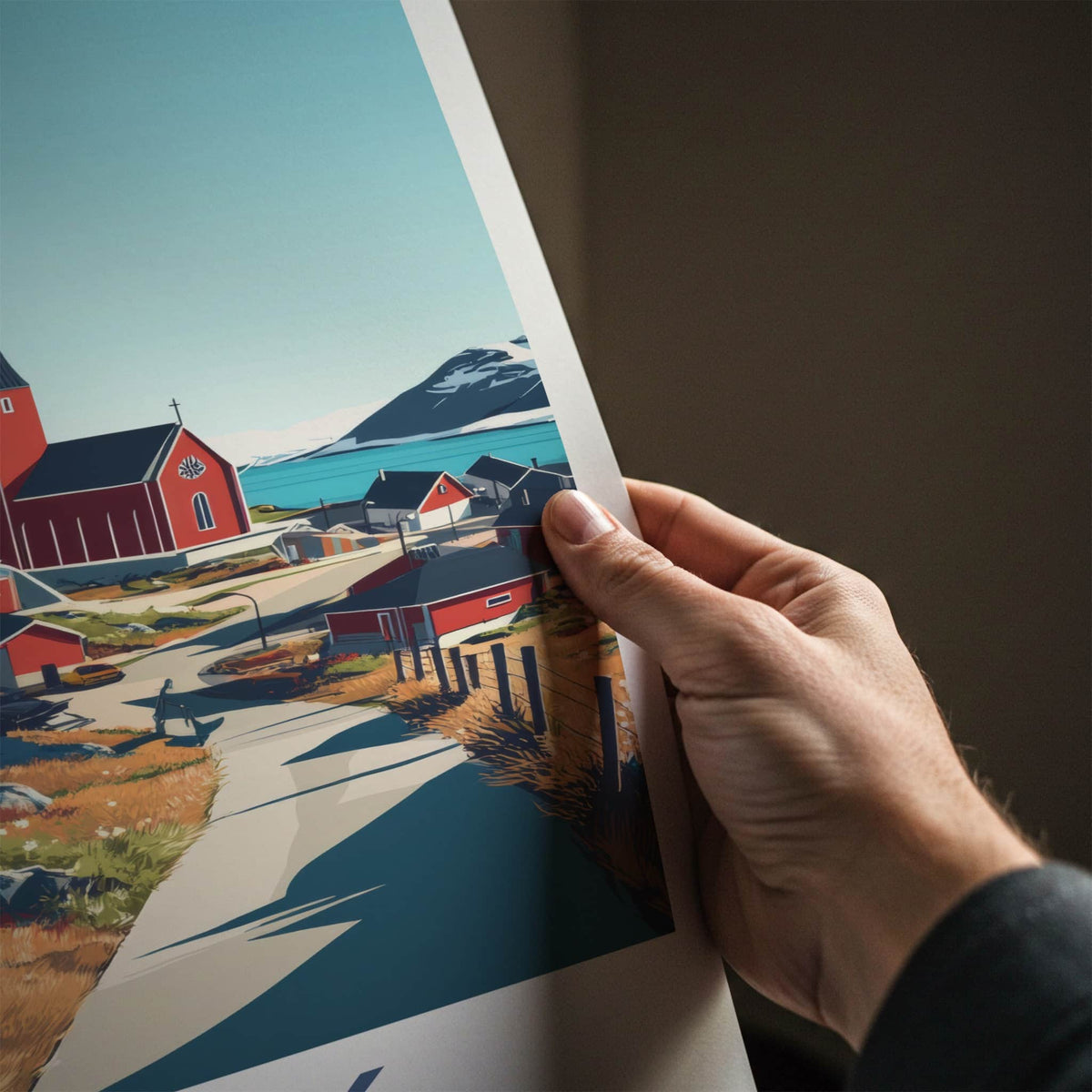 Nuuk Poster - Greenland Travel Art - Fjordside Red Village Home Decor