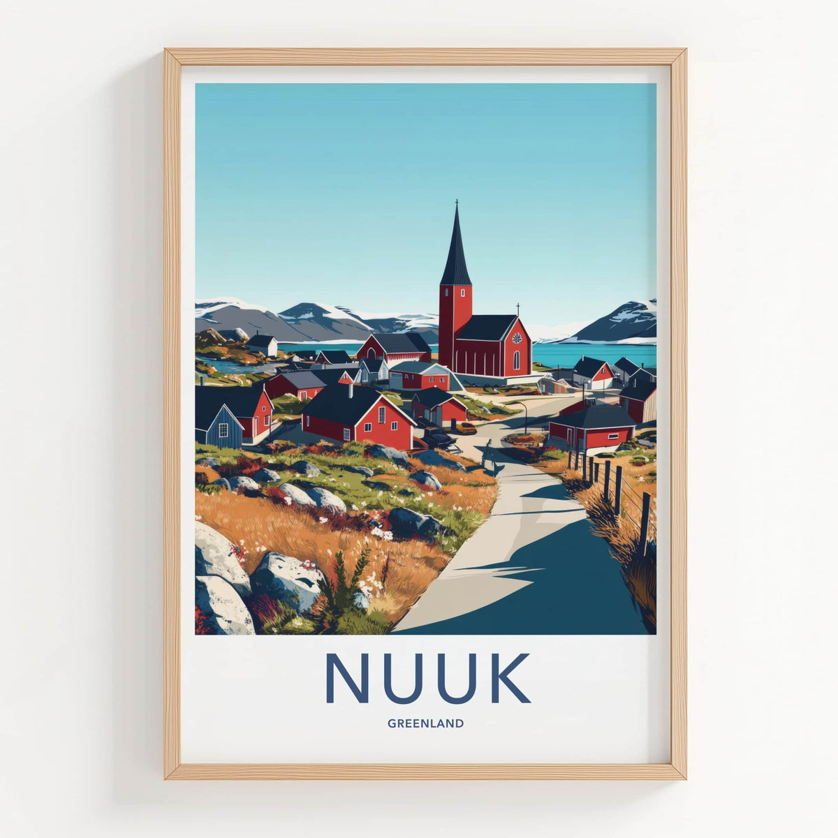 Nuuk Poster - Greenland Travel Art - Fjordside Red Village Home Decor