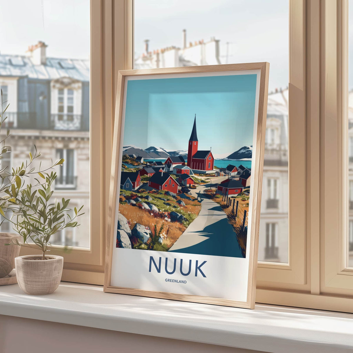 Nuuk Poster - Greenland Travel Art - Fjordside Red Village Home Decor
