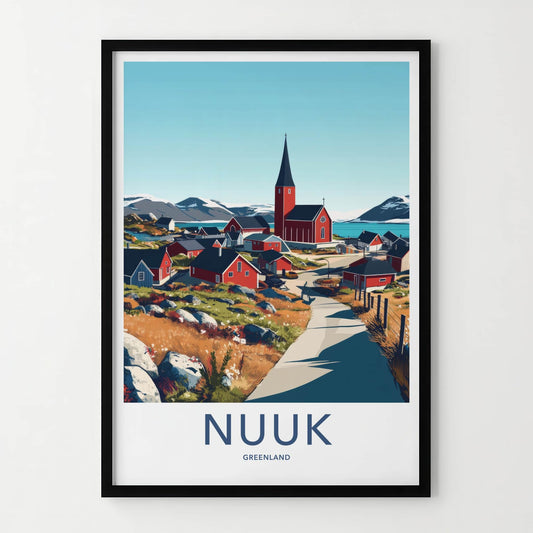 Nuuk Poster - Greenland Travel Art - Fjordside Red Village Home Decor