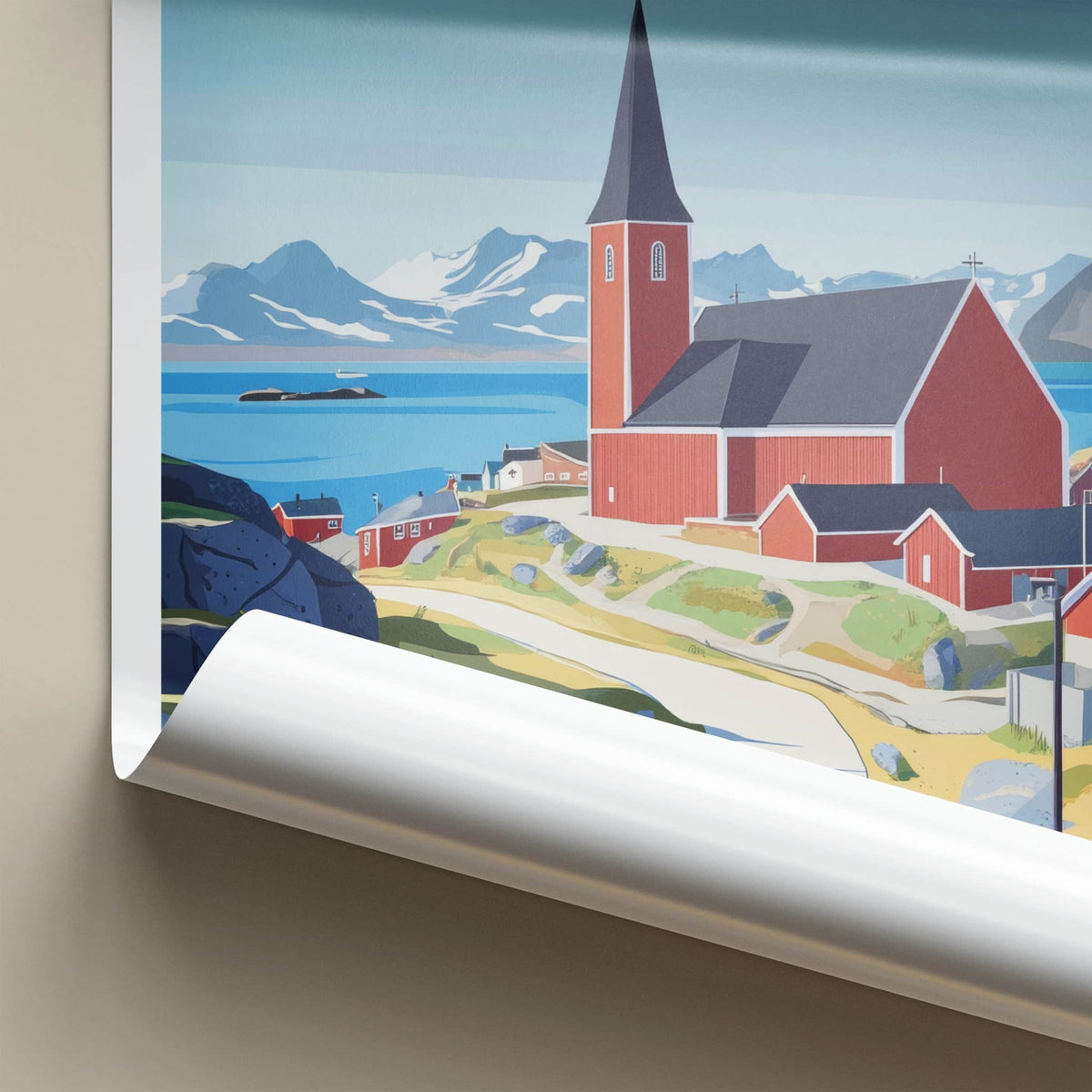 Nuuk Poster - Greenland Travel Art - Red Church Seascape Home Decor