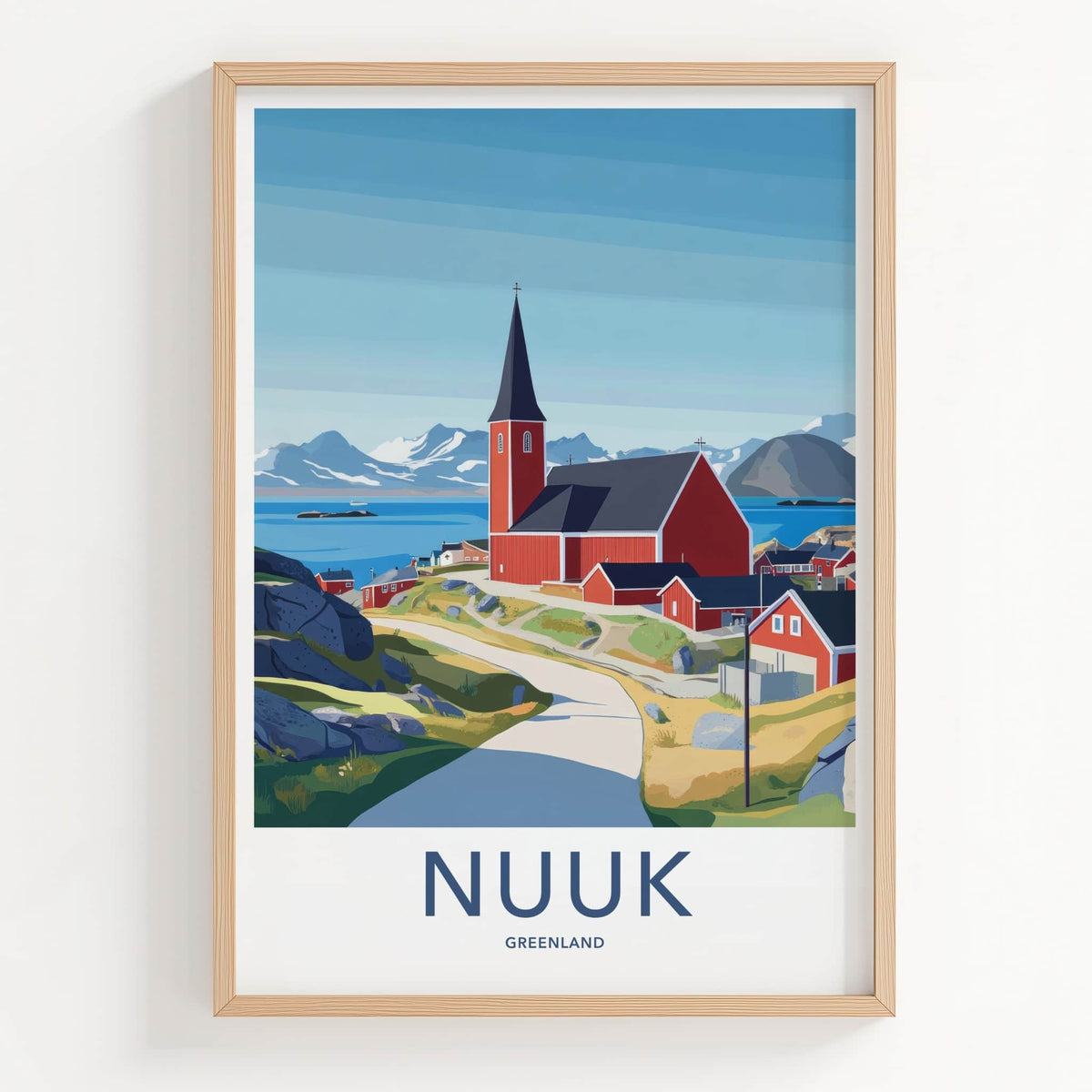 Nuuk Poster - Greenland Travel Art - Red Church Seascape Home Decor