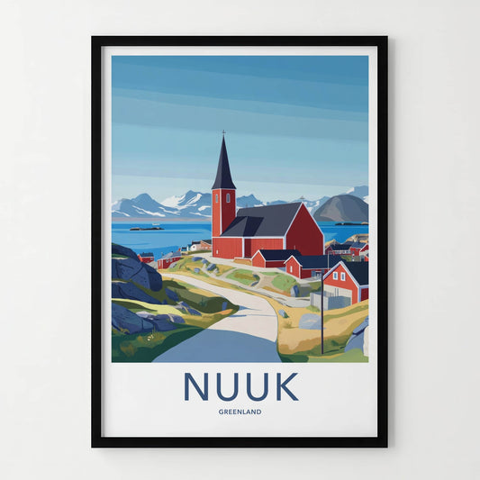 Nuuk Poster - Greenland Travel Art - Red Church Seascape Home Decor