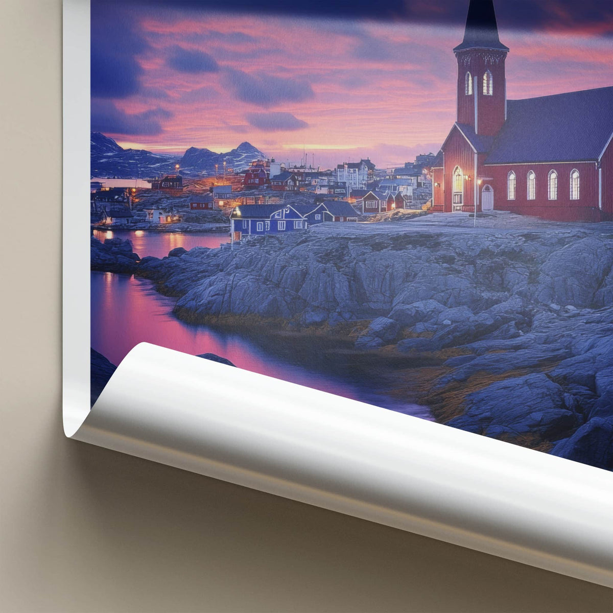 Nuuk Poster - Greenland Travel Art - Red Church Sunset Home Decor