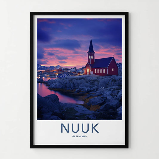 Nuuk Poster - Greenland Travel Art - Red Church Sunset Home Decor