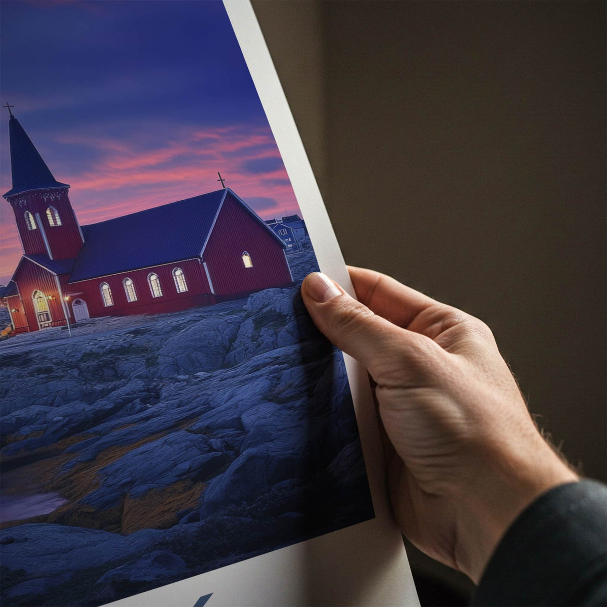 Nuuk Poster - Greenland Travel Art - Red Church Sunset Home Decor