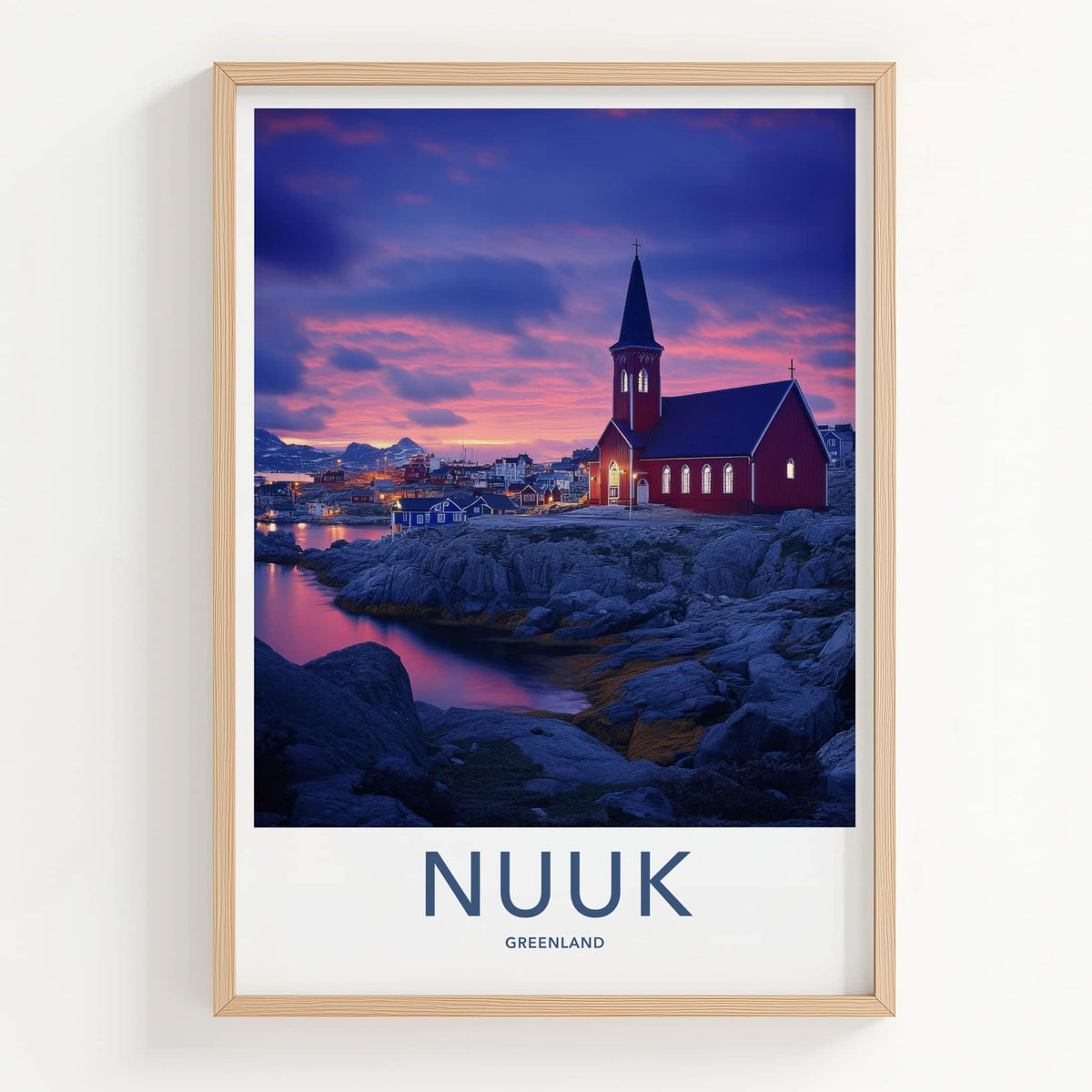 Nuuk Poster - Greenland Travel Art - Red Church Sunset Home Decor