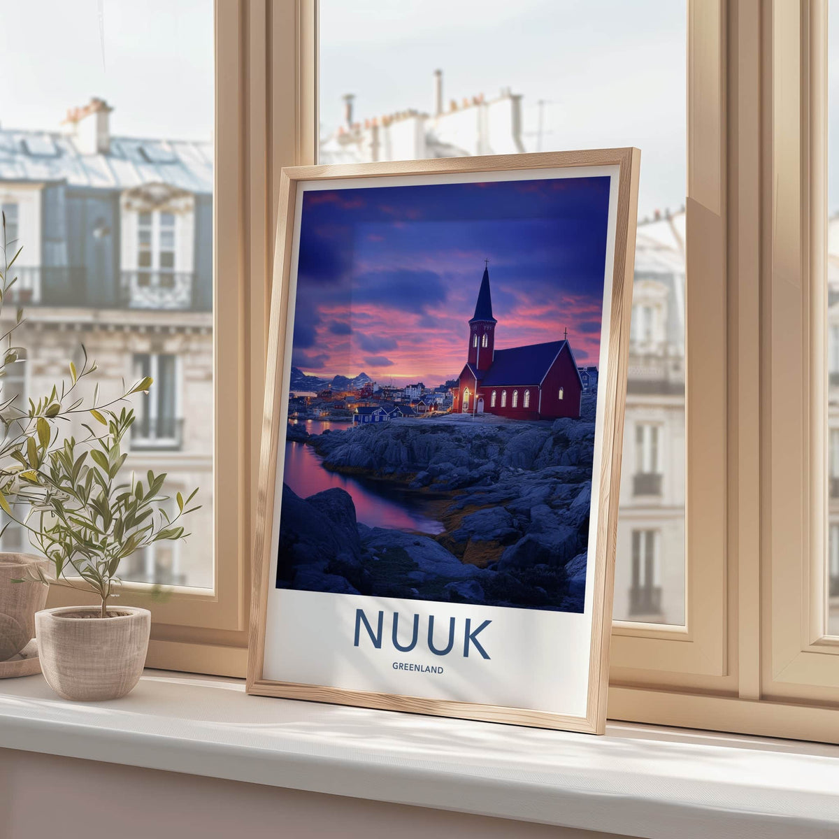 Nuuk Poster - Greenland Travel Art - Red Church Sunset Home Decor