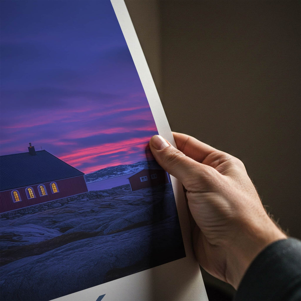Nuuk Poster - Greenland Travel Art - Red Church Twilight Home Decor