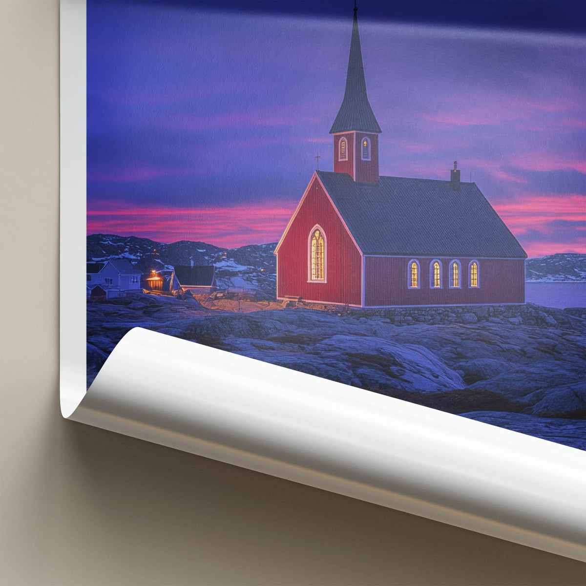Nuuk Poster - Greenland Travel Art - Red Church Twilight Home Decor