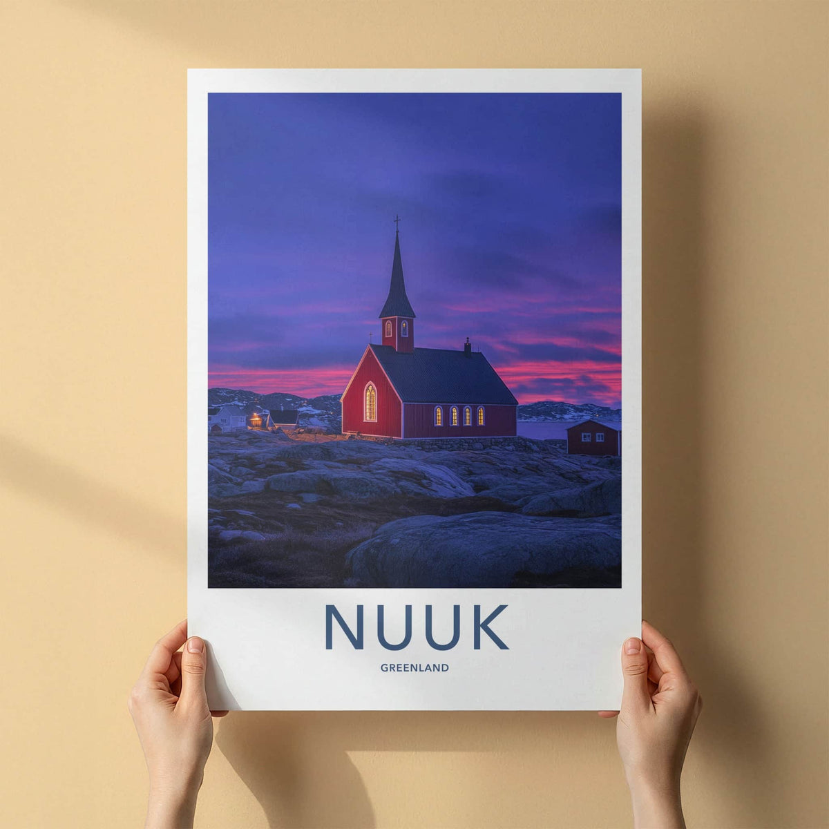 Nuuk Poster - Greenland Travel Art - Red Church Twilight Home Decor