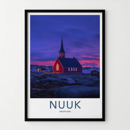 Nuuk Poster - Greenland Travel Art - Red Church Twilight Home Decor