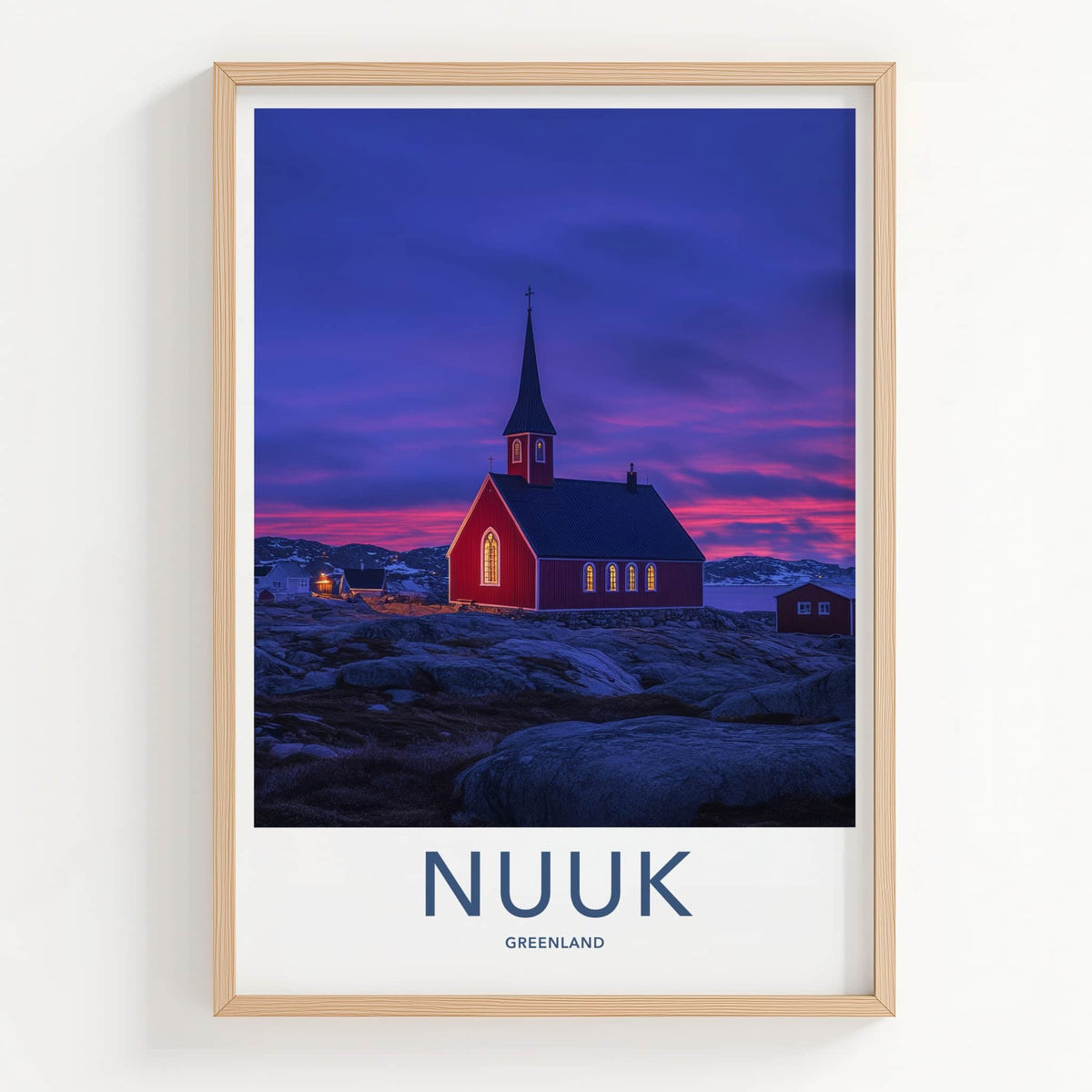 Nuuk Poster - Greenland Travel Art - Red Church Twilight Home Decor