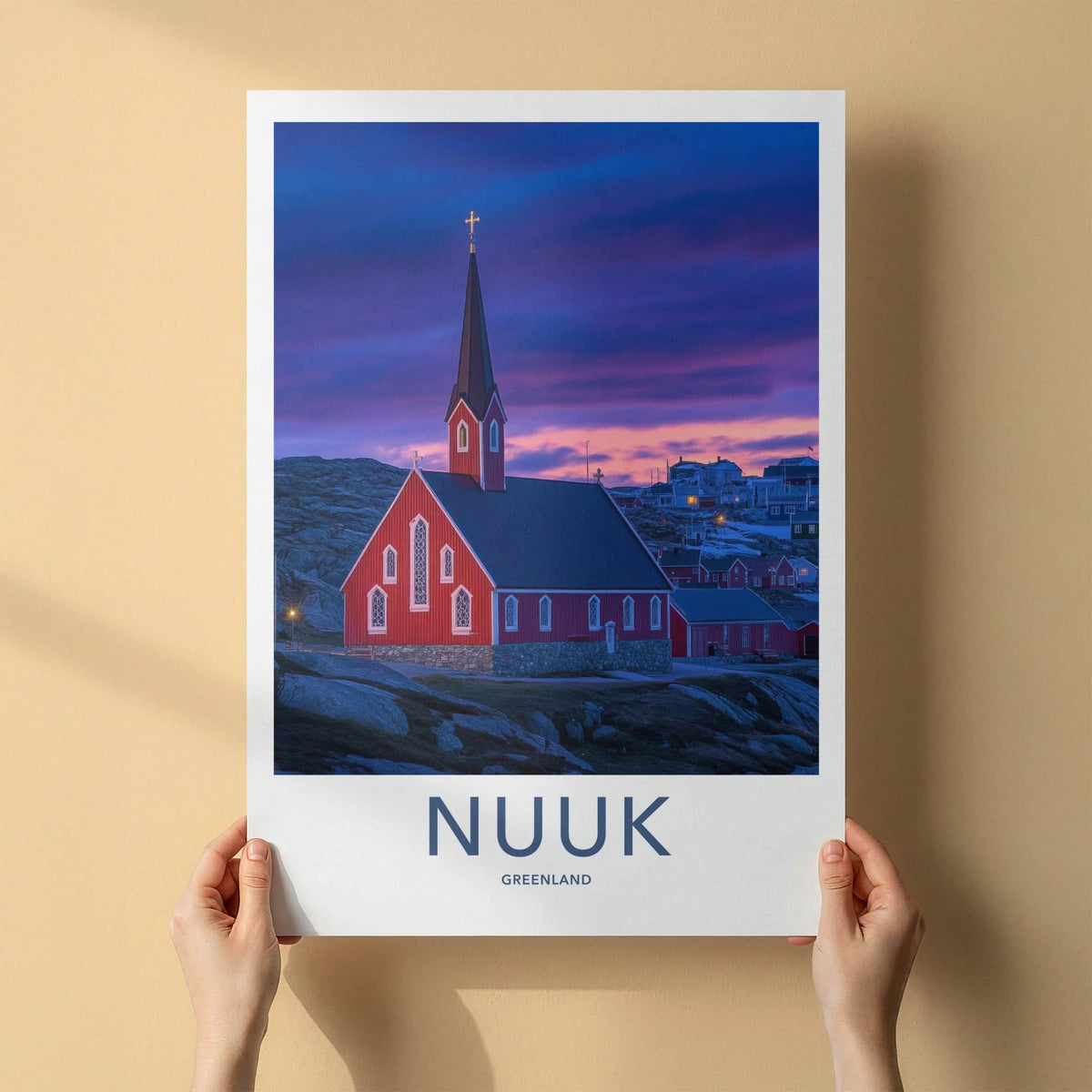 Nuuk Poster - Greenland Travel Art - Twilight Red Church Wall Decor