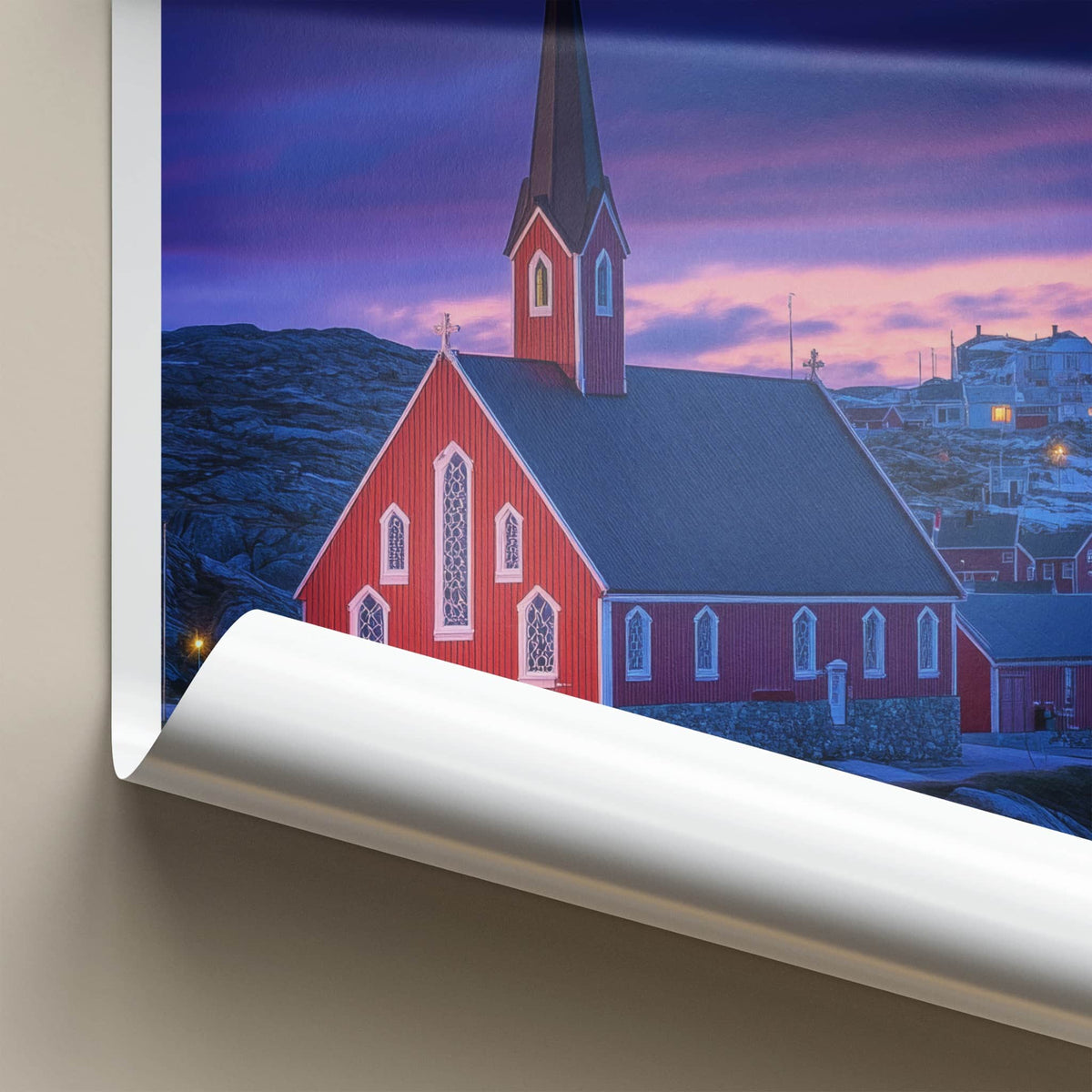 Nuuk Poster - Greenland Travel Art - Twilight Red Church Wall Decor