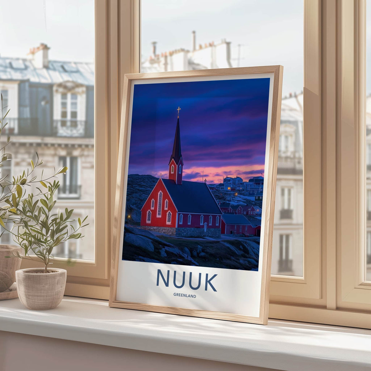 Nuuk Poster - Greenland Travel Art - Twilight Red Church Wall Decor