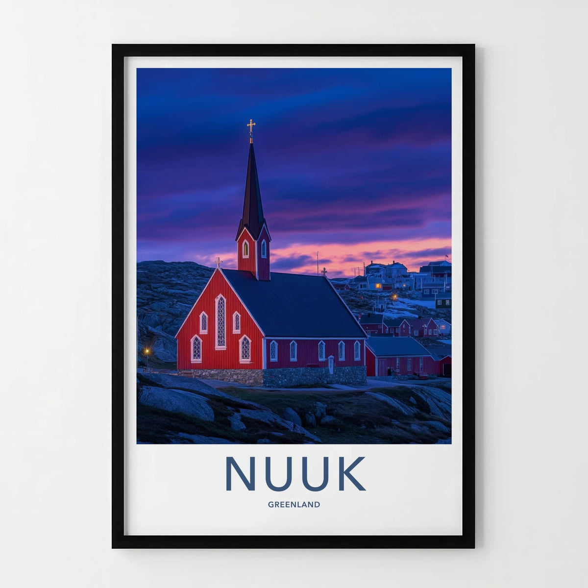 Nuuk Poster - Greenland Travel Art - Twilight Red Church Wall Decor