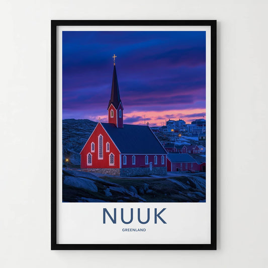 Nuuk Poster - Greenland Travel Art - Twilight Red Church Wall Decor