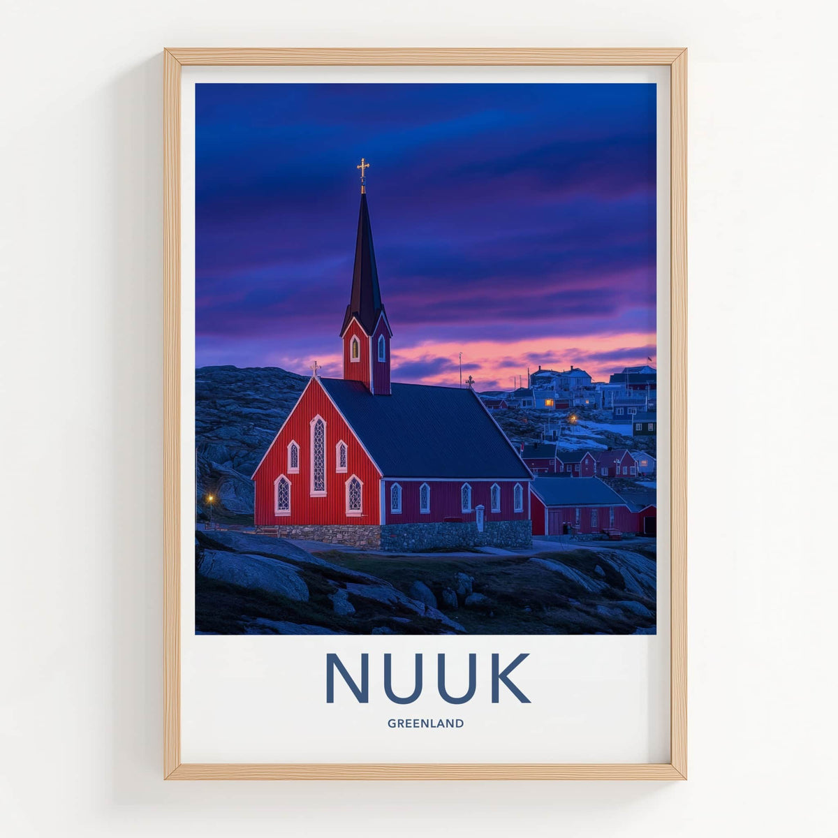 Nuuk Poster - Greenland Travel Art - Twilight Red Church Wall Decor