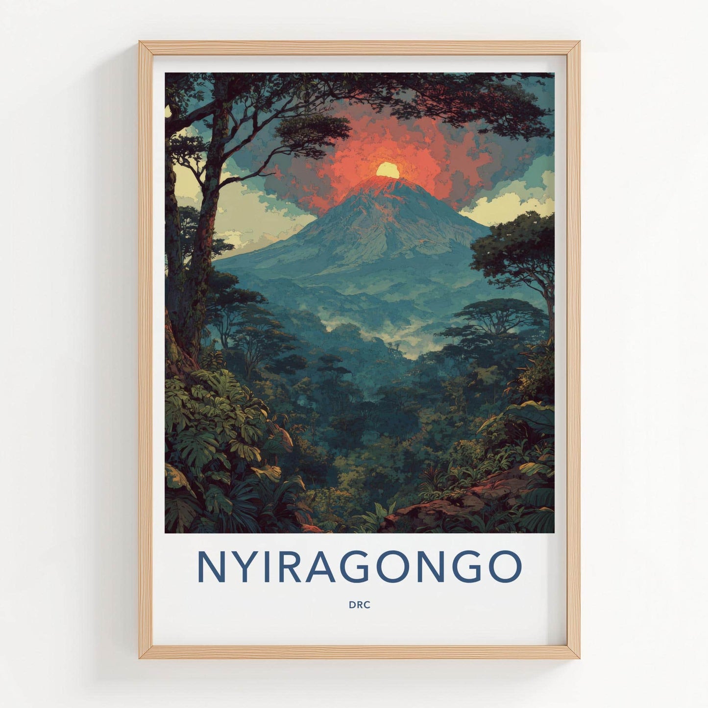 Nyiragongo Poster - Democratic Republic Congo Travel Art - Fiery Volcano Jungle Home Decor