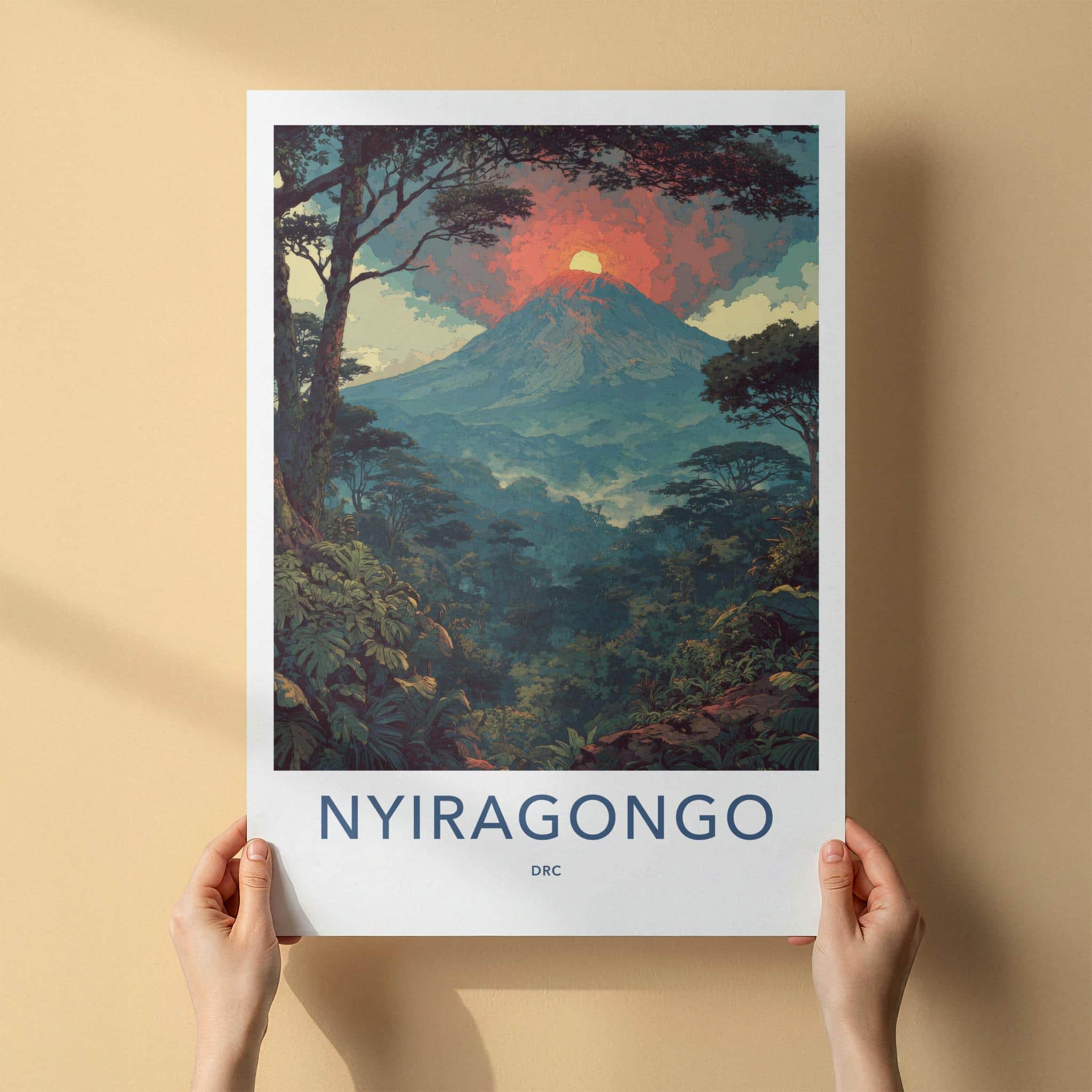 Nyiragongo Poster - Democratic Republic Congo Travel Art - Fiery Volcano Jungle Home Decor