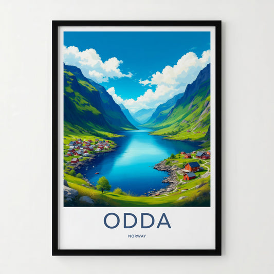 Odda Poster - Norway Travel Art - Fjord Mountain Village Home Decor