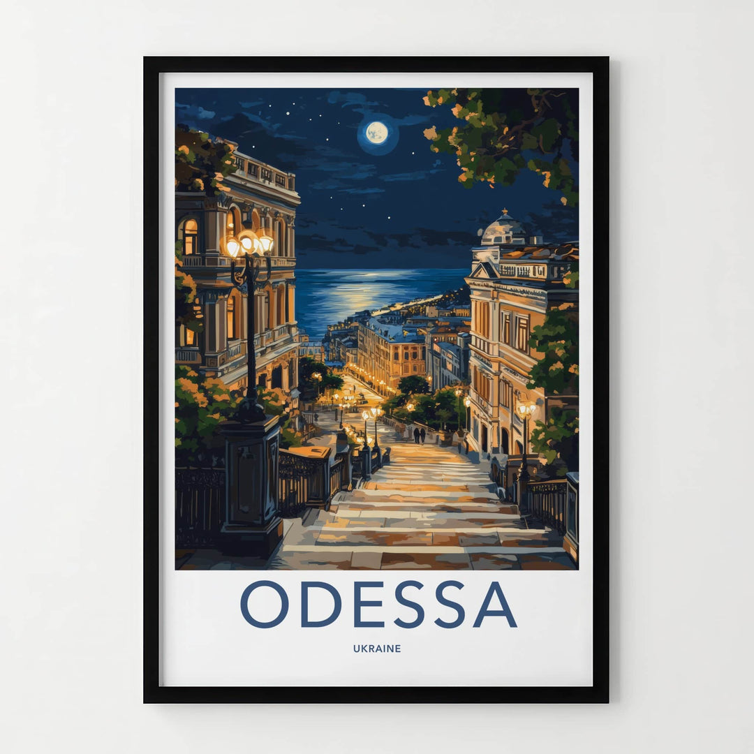 Odessa Poster - Ukraine Travel Art - Moonlit Seaside Steps Home Decor