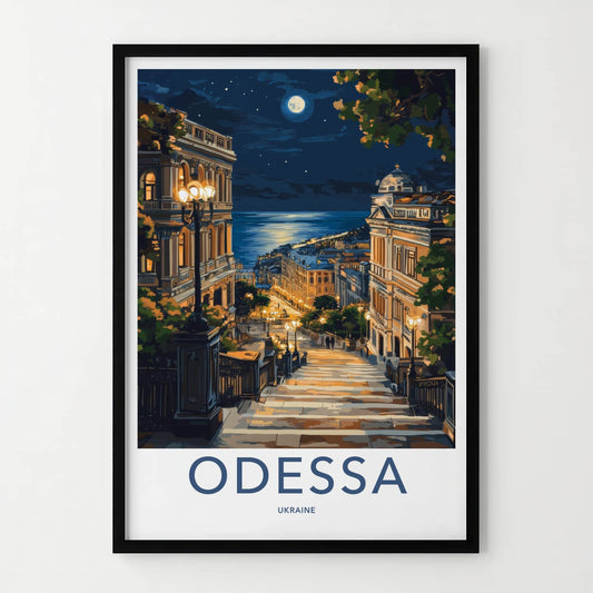 Odessa Poster - Ukraine Travel Art - Moonlit Seaside Steps Home Decor