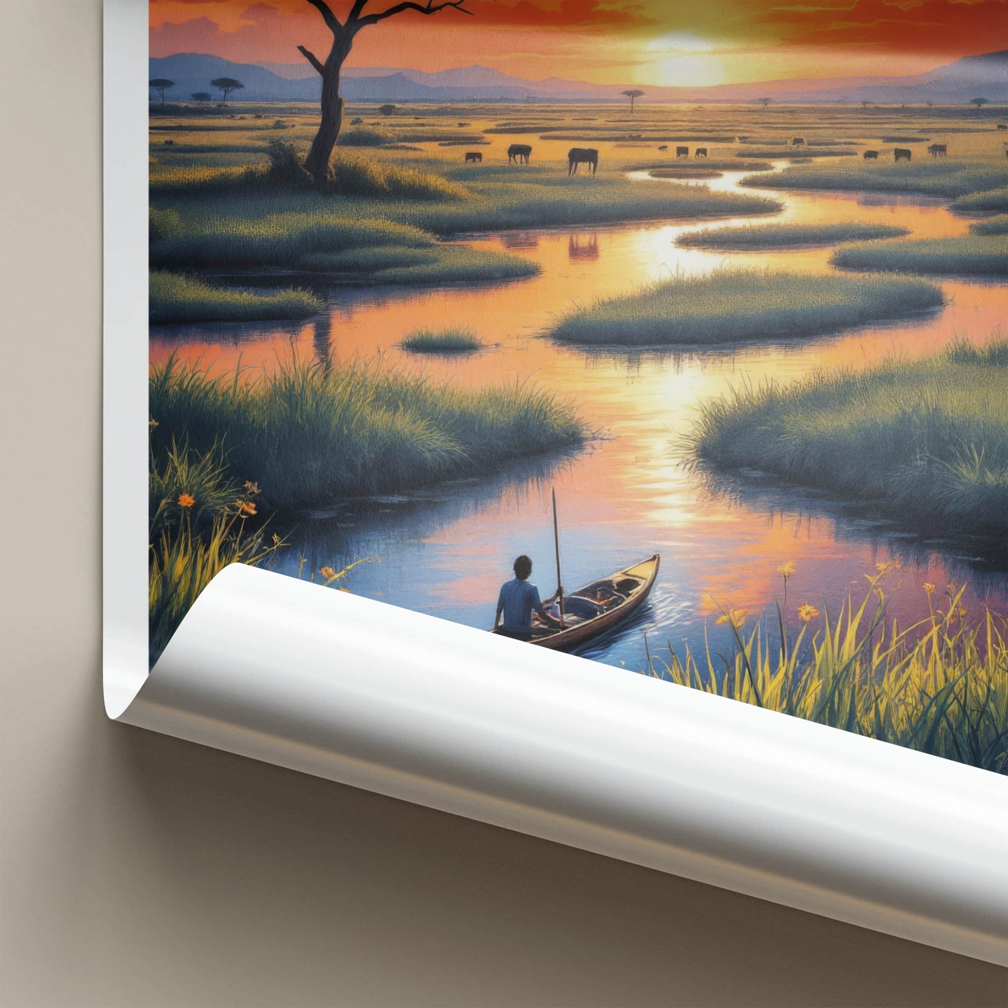 Okavango Delta Poster - Botswana Travel Art - Delta Sunset Paddler Home Decor
