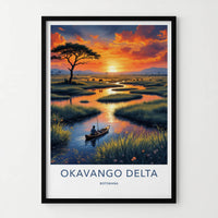 Okavango Delta Poster - Botswana Travel Art - Delta Sunset Paddler Home Decor