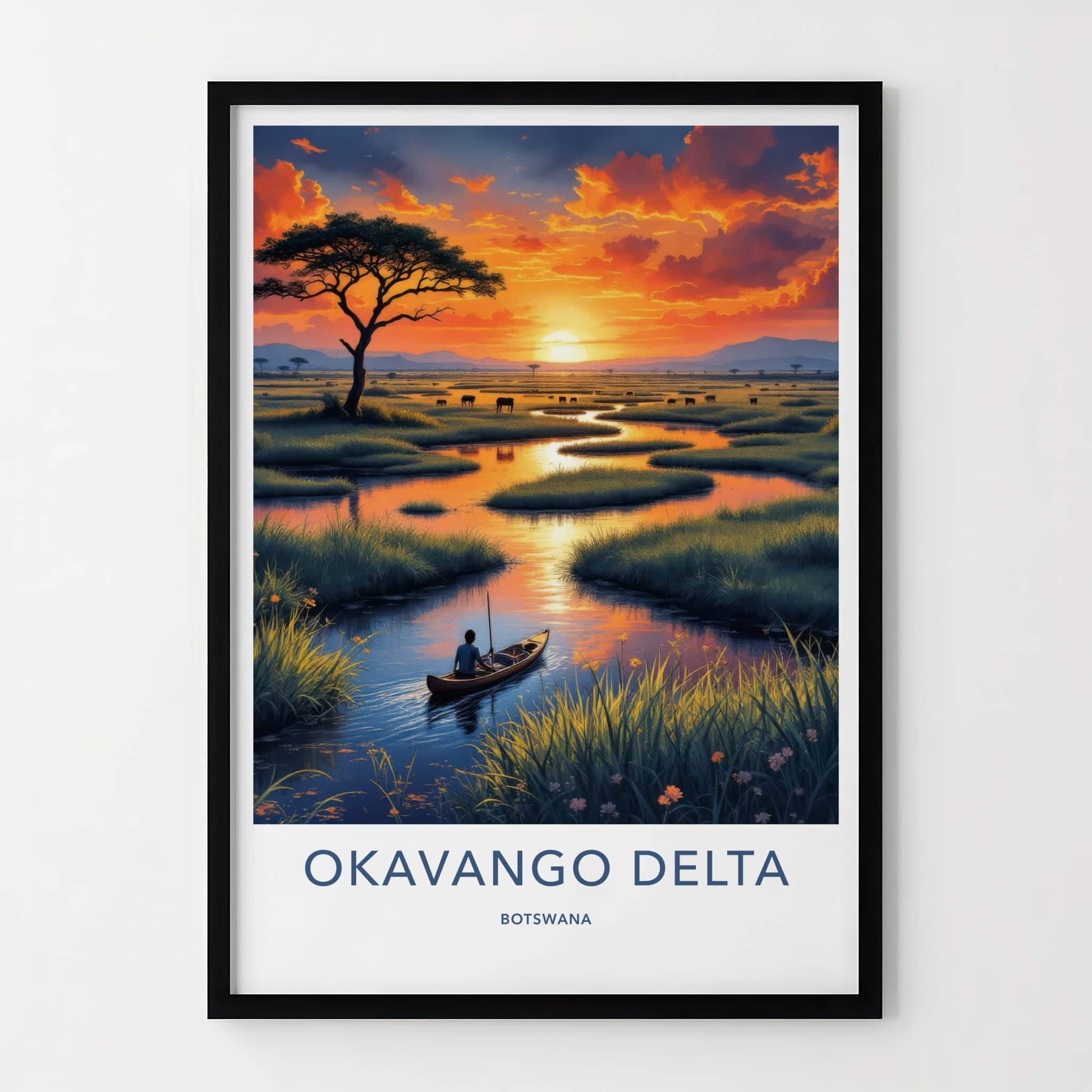 Okavango Delta Poster - Botswana Travel Art - Delta Sunset Paddler Home Decor