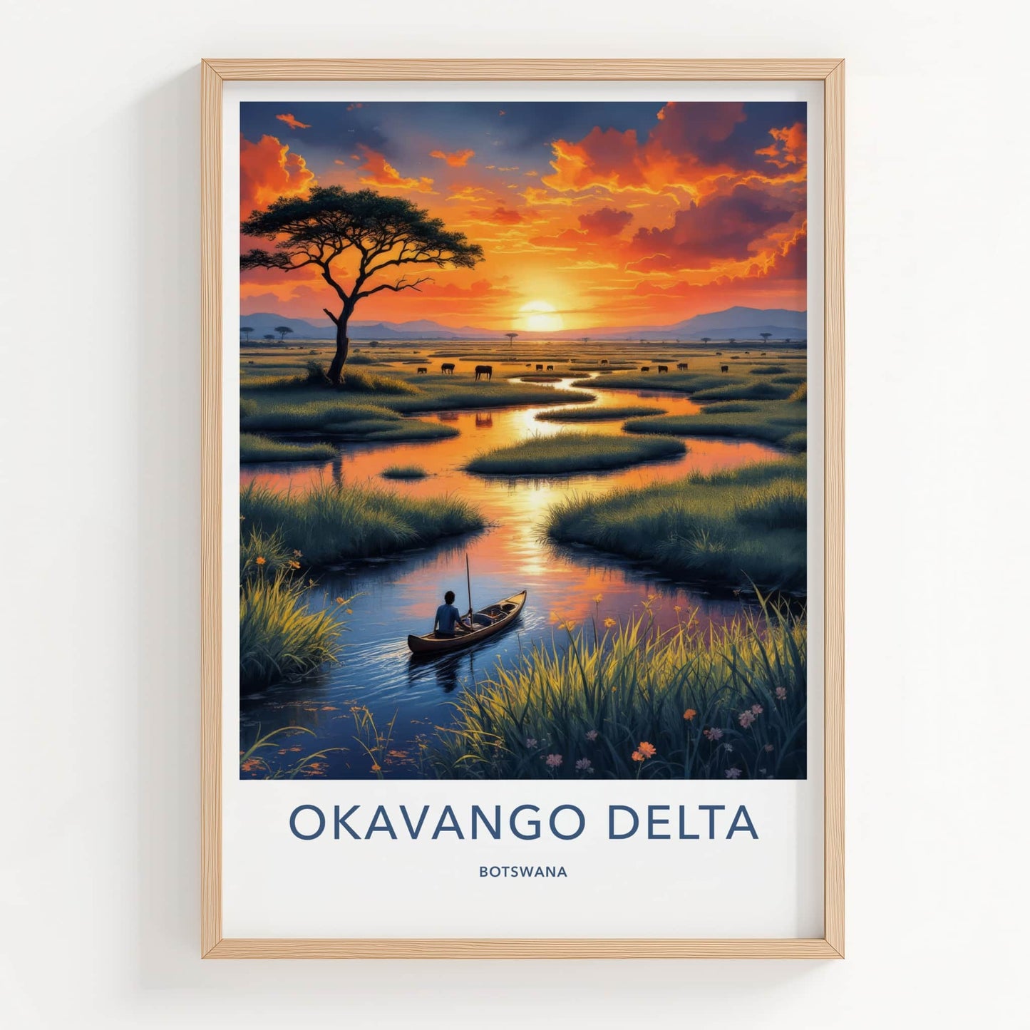 Okavango Delta Poster - Botswana Travel Art - Delta Sunset Paddler Home Decor
