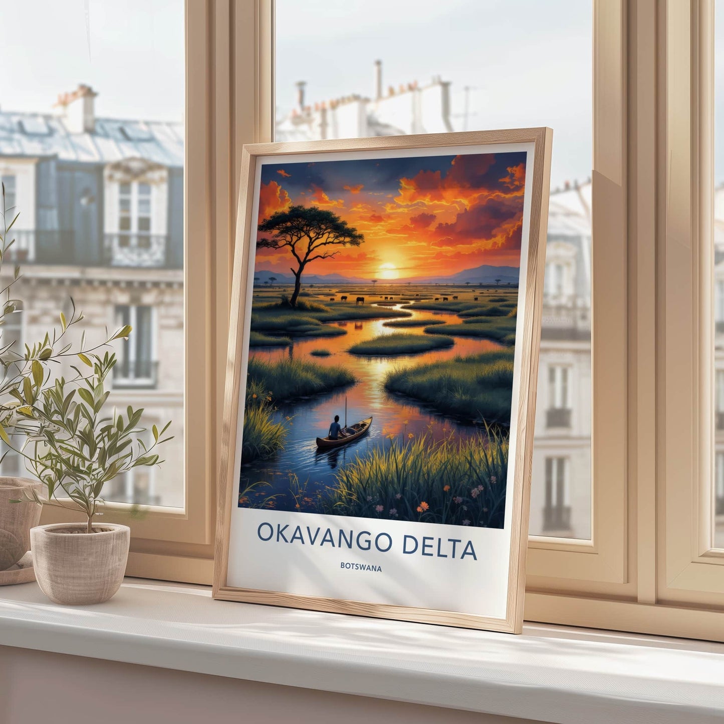 Okavango Delta Poster - Botswana Travel Art - Delta Sunset Paddler Home Decor