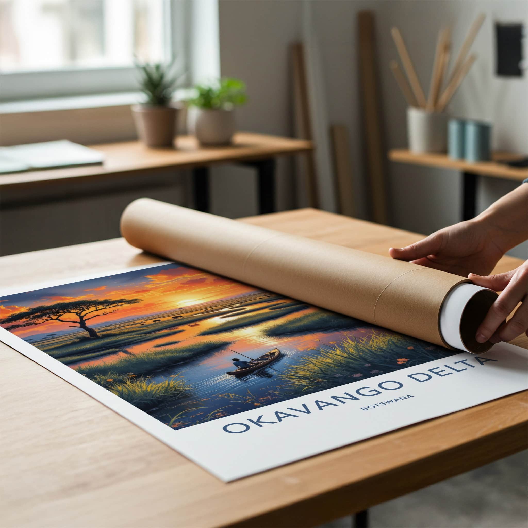 Okavango Delta Poster - Botswana Travel Art - Delta Sunset Paddler Home Decor