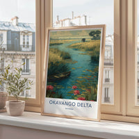 Okavango Delta Poster - Botswana Travel Art - Elephant Lily Boat Home Decor