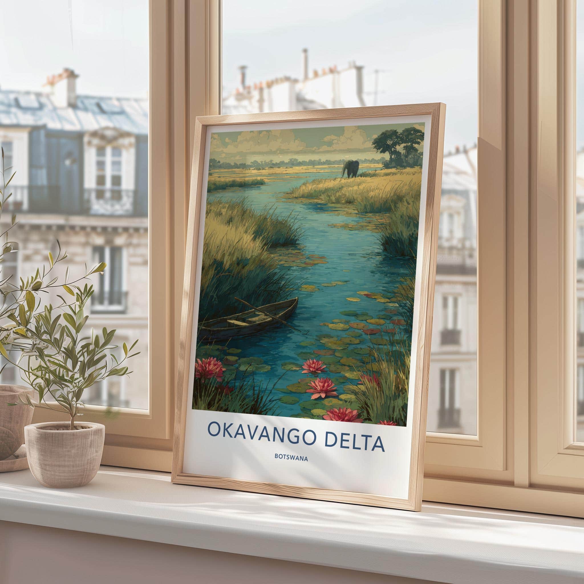 Okavango Delta Poster - Botswana Travel Art - Elephant Lily Boat Home Decor