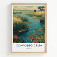 Okavango Delta Poster - Botswana Travel Art - Elephant Lily Boat Home Decor