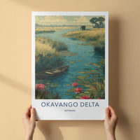 Okavango Delta Poster - Botswana Travel Art - Elephant Lily Boat Home Decor