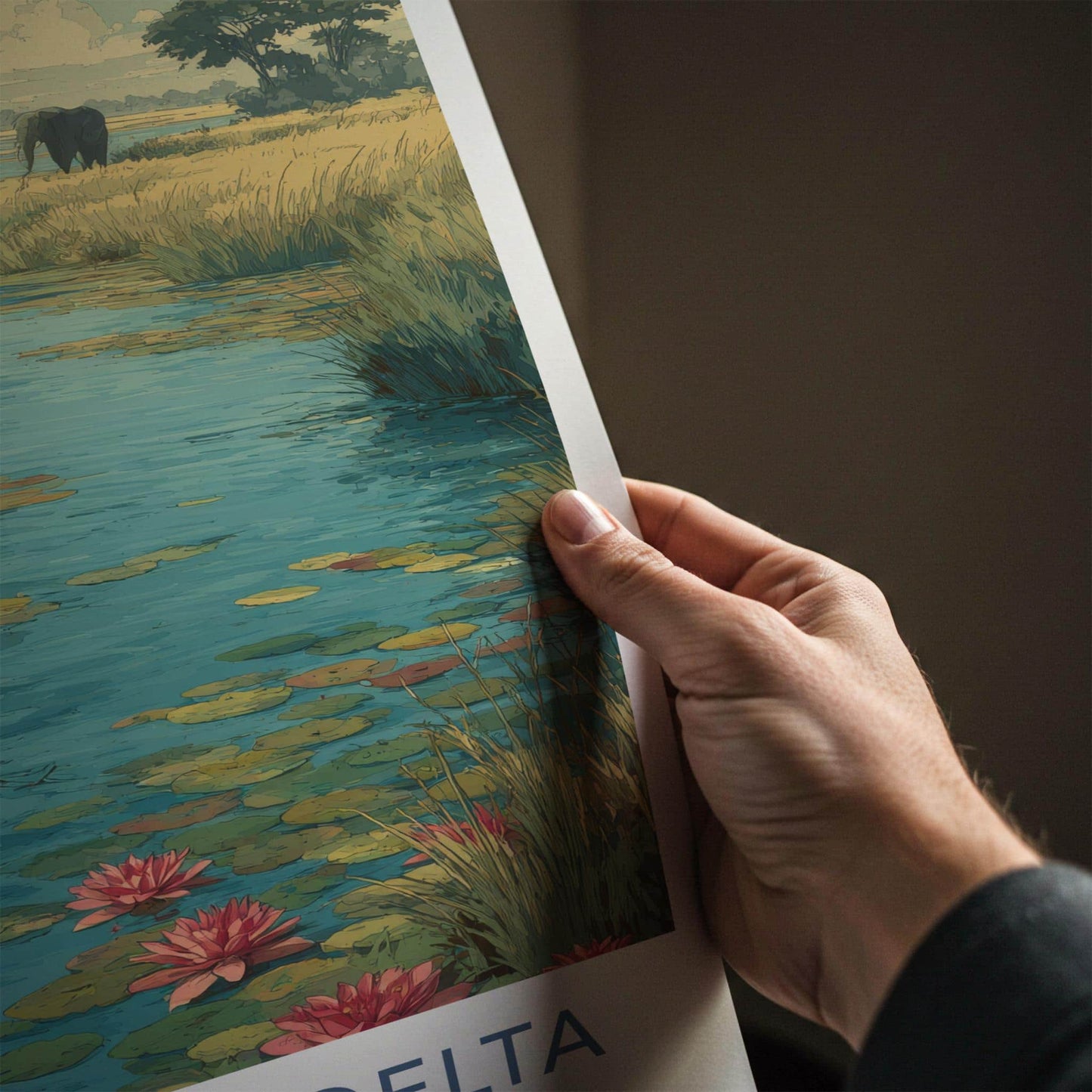 Okavango Delta Poster - Botswana Travel Art - Elephant Lily Boat Home Decor