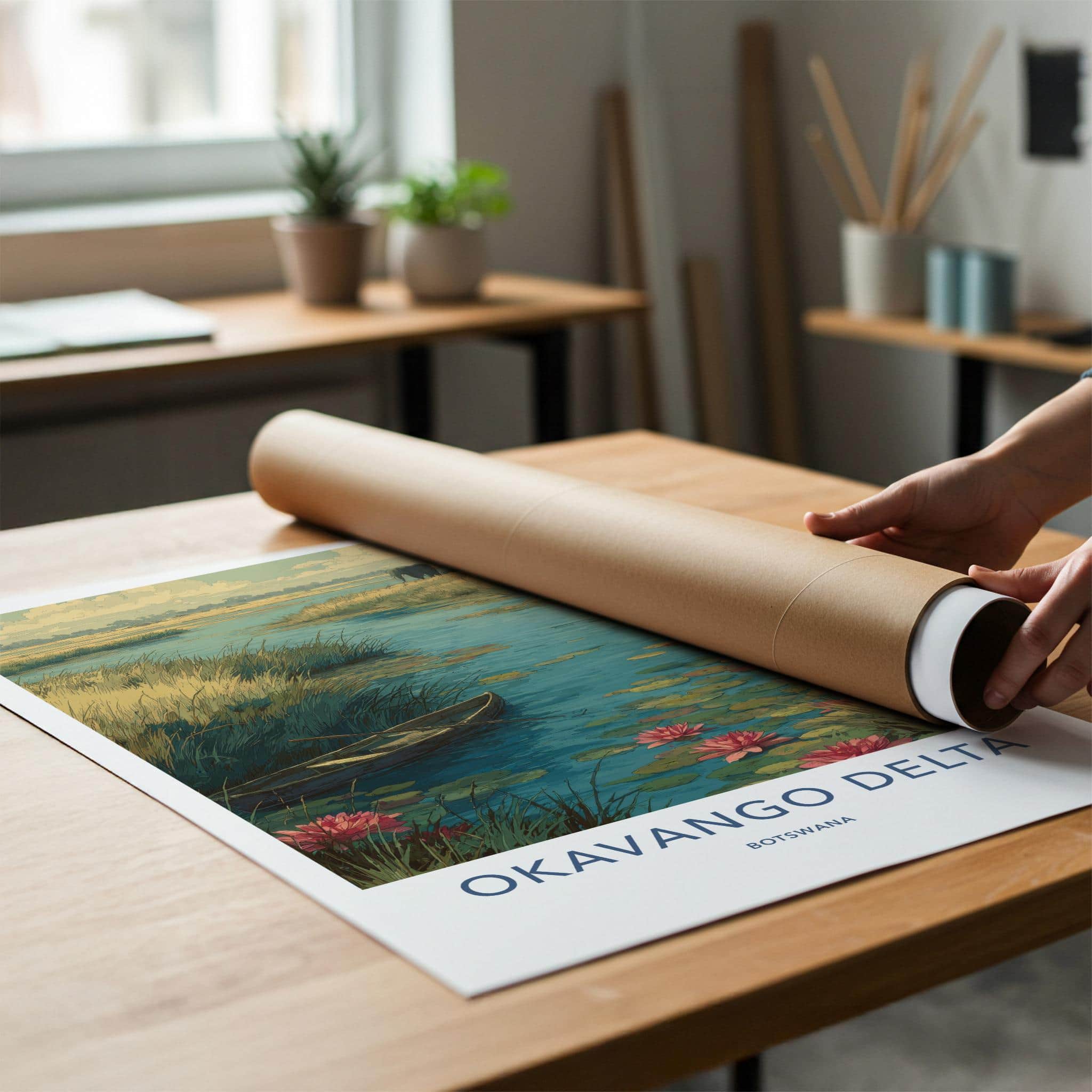 Okavango Delta Poster - Botswana Travel Art - Elephant Lily Boat Home Decor