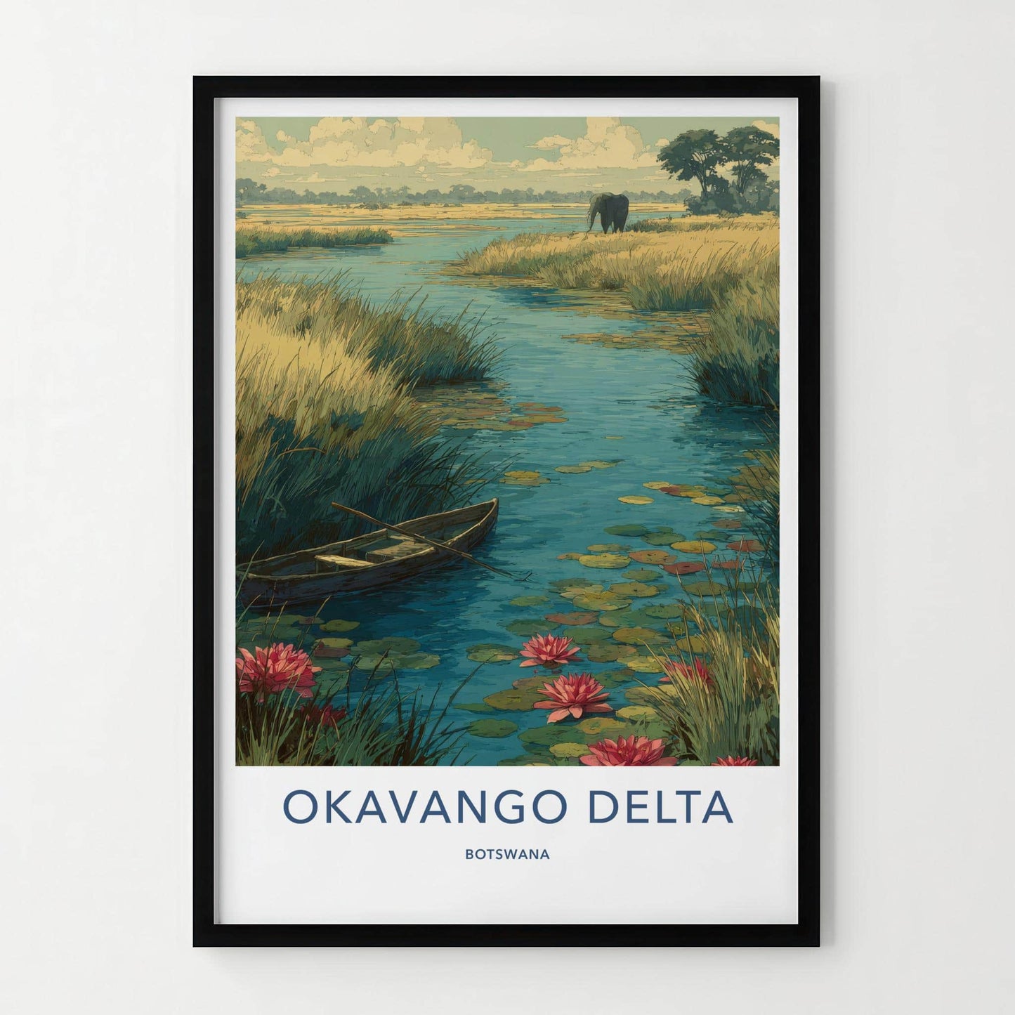 Okavango Delta Poster - Botswana Travel Art - Elephant Lily Boat Home Decor