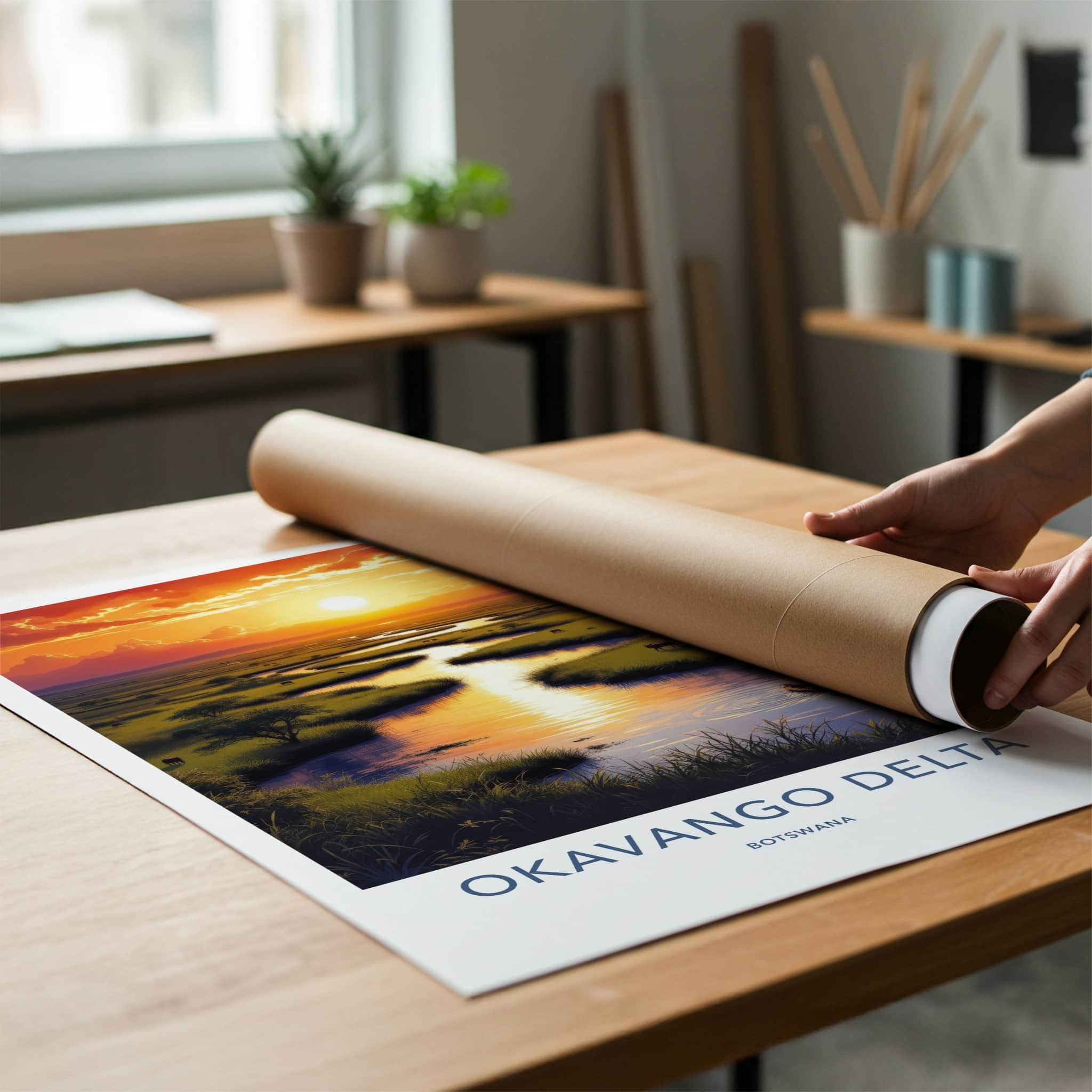 Okavango Delta Poster - Botswana Travel Art - Golden River Sunset Home Decor
