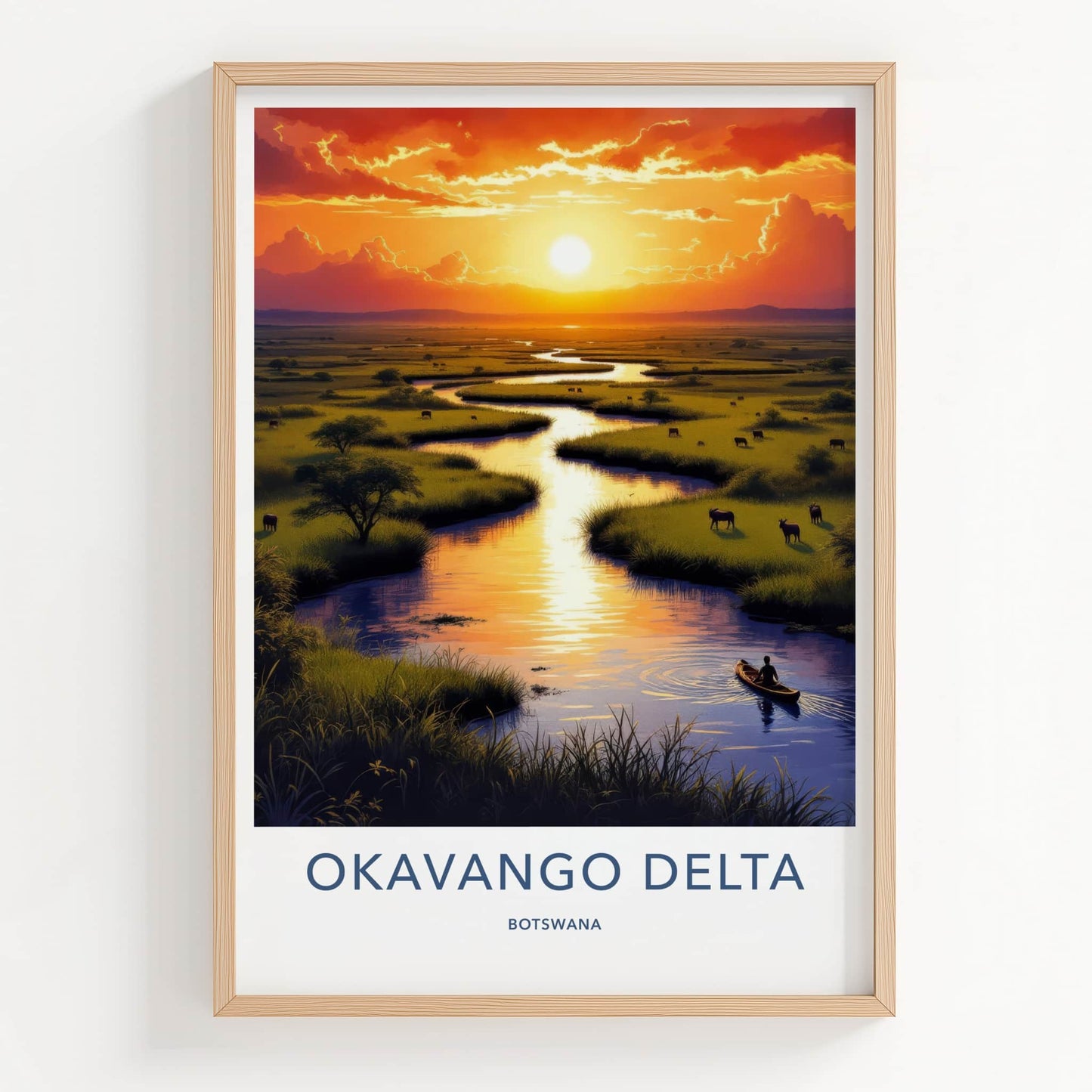 Okavango Delta Poster - Botswana Travel Art - Golden River Sunset Home Decor