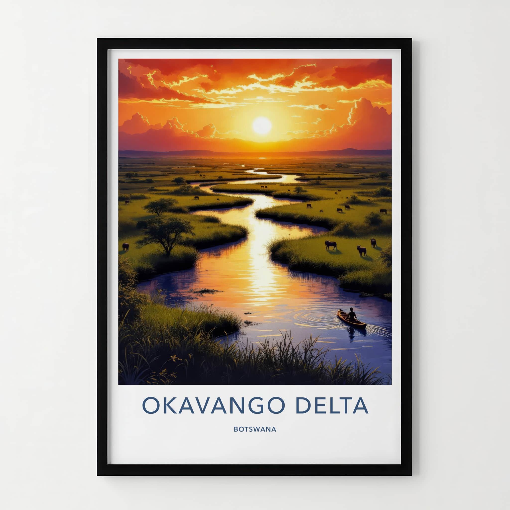 Okavango Delta Poster - Botswana Travel Art - Golden River Sunset Home Decor