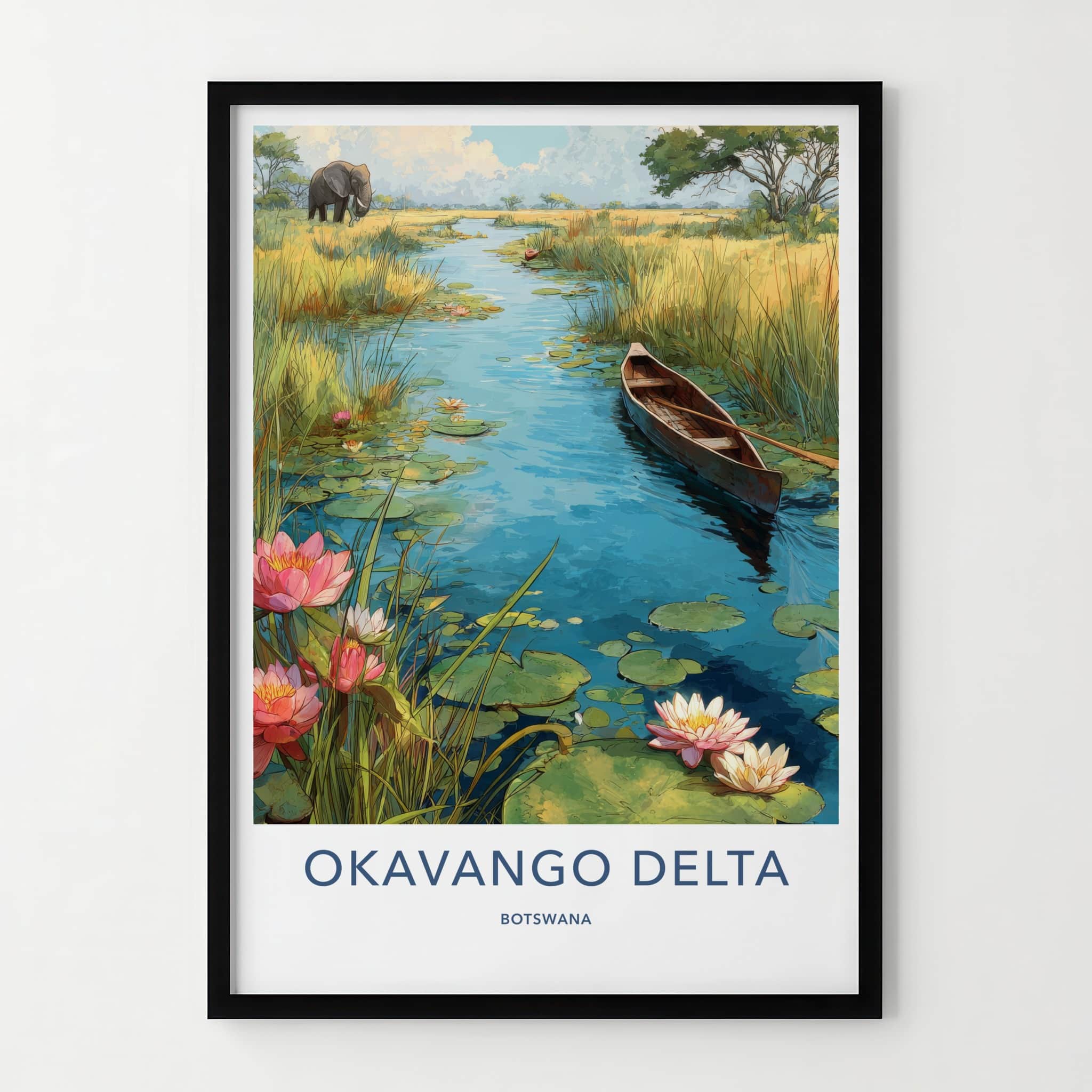 Okavango Delta Poster - Botswana Travel Print - Elephant Water Lilies Home Decor